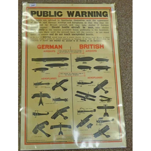 1467 - REPRODUCTION POSTER: 'PUBLIC WARNING, GERMAN & BRITISH AIRSHIPS', 80CM X 53.5CM