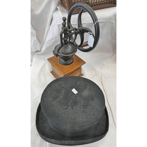 1521 - 100% WOOL HANDMADE BLACK TOP HAT & A MODERN COFFEE GRINDER -2-