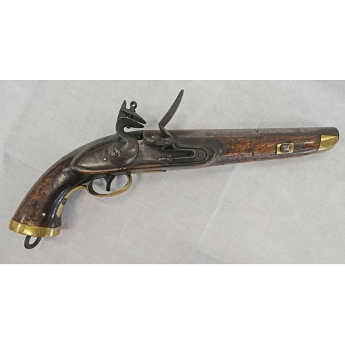 1566 - FLINTLOCK MILITARY PISTOL WITH 22.8CM LONG BARREL, PLAIN LOCK, BRASS MOUNTS, STEEL SUSPENSION HOOP T... 