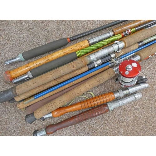 1585 - GOOD SELECTION OF USED RODS, ONE WITH A ABU AMBASSADEUR 7000 MULTIPLIER REEL ETC