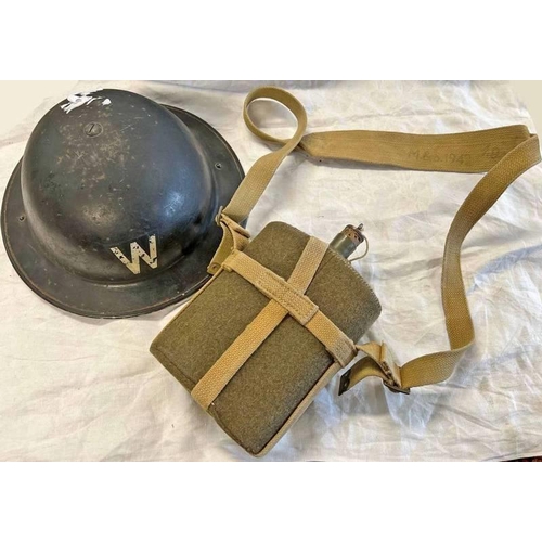 1641 - WORLD WAR TWO ERA BRITISH BRODIE WARDENS HELMET WITH LINER AND CHIN STRAP ALONG WITH A WORLD WAR TWO... 