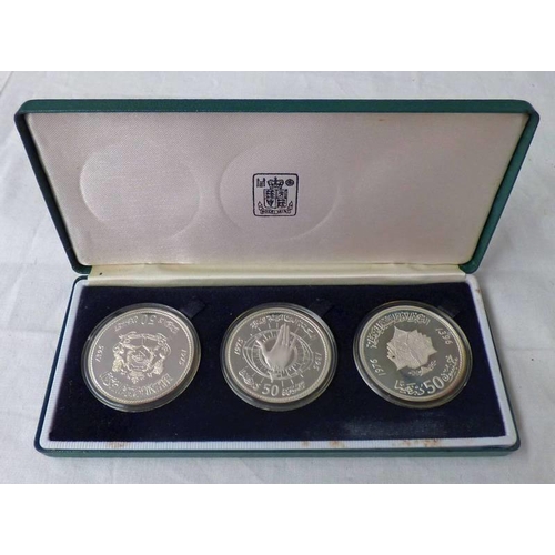 2406 - 1975 - 76 MOROCCO AL-HASSAN II SILVER PROOF 3 - COIN SET WITH TWO 1975  50 DIRHAMS & ONE 1976  50 DI... 