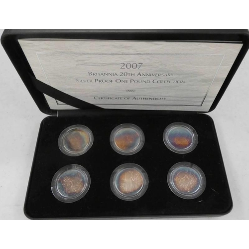 2541 - 2007 UK BRITANNIA 20TH ANNIVERSARY SILVER PROOF 1 POUND COLLECTION, IN CASE OF ISSUE, WITH C.O.A