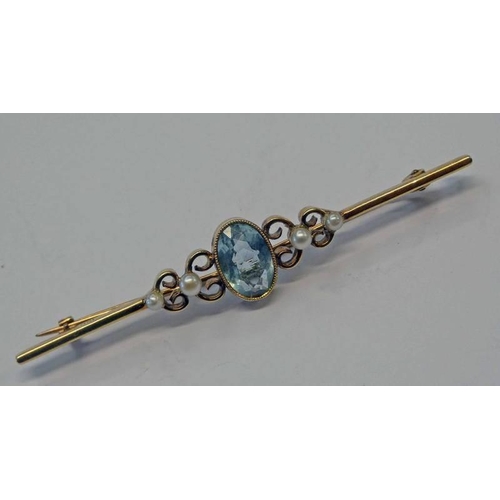 30 - 15CT GOLD PEARL & AQUAMARINE BAR BROOCH