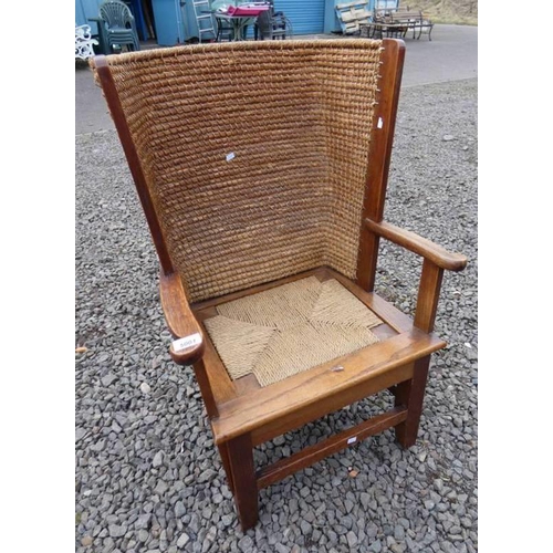 5001 - 20TH CENTURY OAK FRAMED ORKNEY CHAIR WITH RUSH BACK AND SEAT.  HEIGHT 85CM