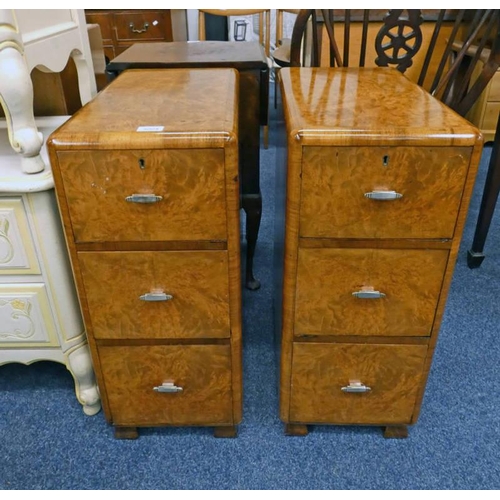 5004 - PAIR OF ART DECO STYLE WALNUT 3 DRAWER BEDSIDE CHESTS, WIDTH 29CM X HEIGHT 68CM