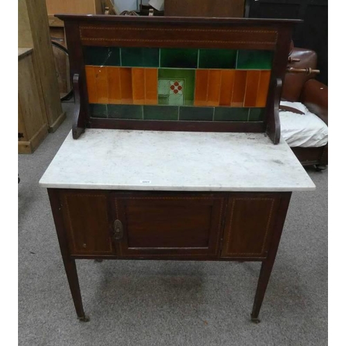 5005 - LATE 19TH CENTURY INLAID MAHOGANY WASH STAND WITH MARBLE TOP WITH TILE INSET BACK OVER BASE OF SINGL... 