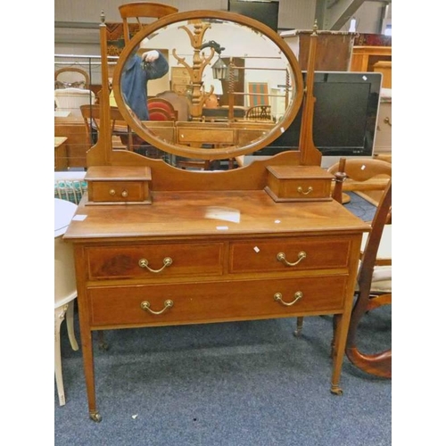 5007 - EARLY 20TH CENTURY INLAID MAHOGANY DRESSING TABLE WITH MIRROR & 2 FRIEZE DRAWERS OVER 2 SHORT & 1 LO... 