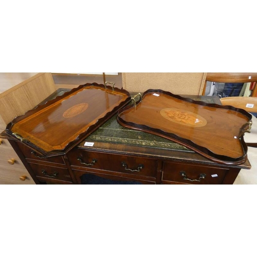 5012 - 2 MAHOGANY TRAYs WITH DECORATIVE BOXWOOD INLAY & TWIN BRASS HANDLES