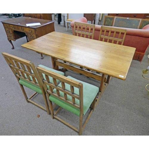 5014 - OAK KITCHEN TABLE, LENGTH 145CM & SET OF 4 EARLY 20TH CENTURY OAK KITCHEN CHAIRS ON SQUARE SUPPORTS