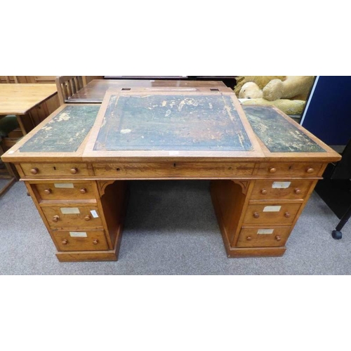 5030 - 19TH CENTURY OAK TWIN PEDESTAL DESK WITH LIFT-UP TOP OVER 9 DRAWERS & LEATHER INSERT IN TOP, LENGTH ... 