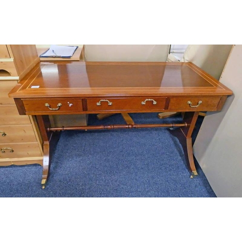 5040 - 20TH CENTURY MAHOGANY LIBRARY TABLE WITH BOXWOOD CROSSBANDING & 3 DRAWERS, LENGTH 119CM X HEIGHT 73C... 