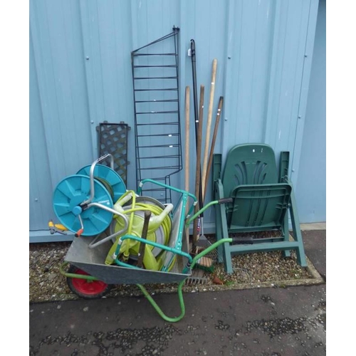 5065P - WHEEL BARROW, SELECTION OF GARDEN TOOLS TO INCLUDE PICKAXE, BRUSHES , RAKES ETC