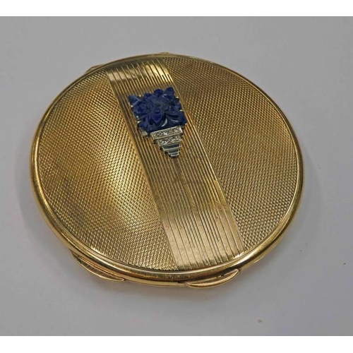 54 - 9CT GOLD POWDER COMPACT SET WITH LAPIZ LAZULA & DIAMONDS - WEIGHT WITH OUT GLASS MIRROR  53 GMS