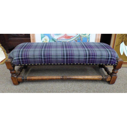 5541 - OAK FRAMED FOOT STOOL WITH TURNED DECORATION AND TARTAN TOP