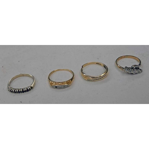 684 - 9CT GOLD 5-STONE TWIST RING, 2 DIAMOND SET RINGS - 6.3G & 1 OTHER