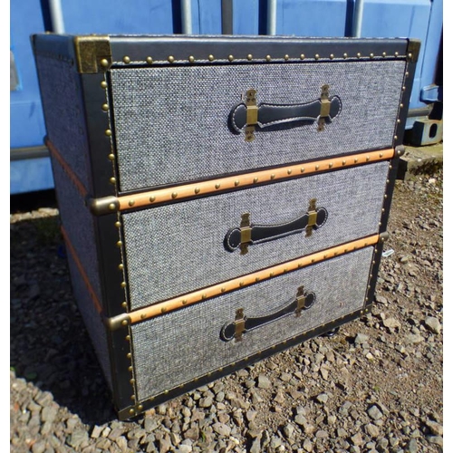 101 - FABRIC CHEST OF 3 DRAWERS WITH BRASS & LEATHER FIXTURES, WIDTH 61CM X HEIGHT 65CM