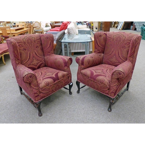 102 - PAIR OF WINGBACK ARMCHAIRS ON MAHOGANY QUEEN ANNE SUPPORTS