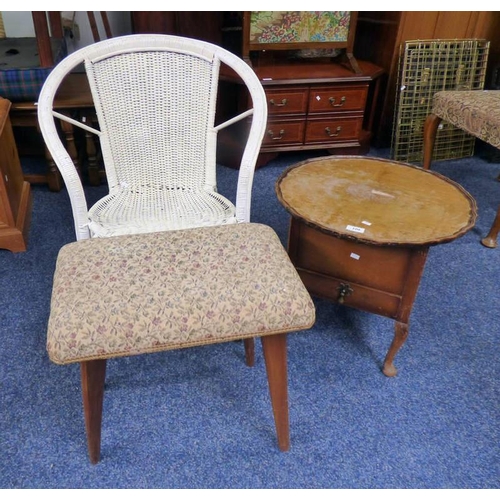 104 - MAHOGANY SEWING BOX WITH LIFT TOP, STOOL, ETC