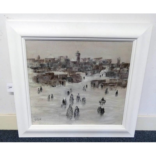 1066 - ARABIC SCHOOL,  MIDDLE EASTERN TOWN IN SANDSTORM,  INDISTINCTLY SIGNED,  FRAMED OIL PAINTING  60 X 6... 