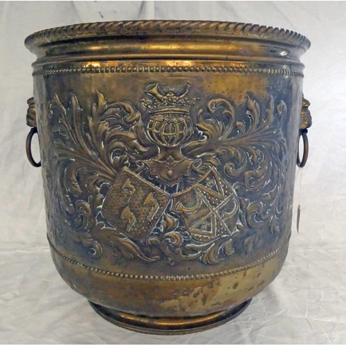 1089 - BRASS LOG BIN WITH EMBOSSED CREST, 39CM TALL