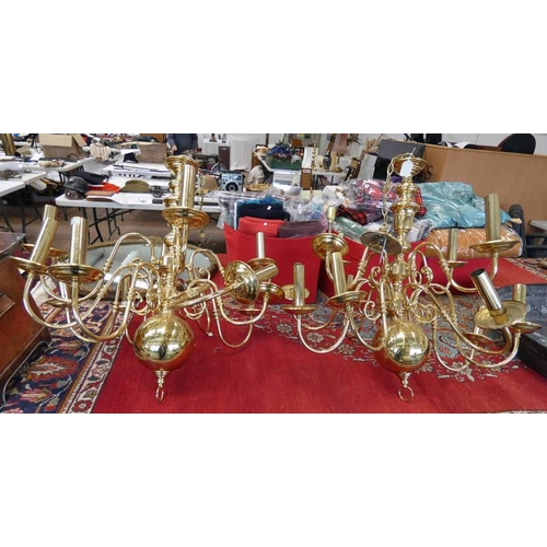 1103 - PAIR OF BRASS 12-BRANCH CHANDELIERS - 75CM