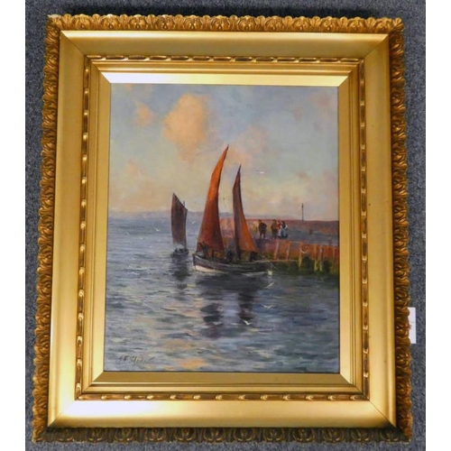 1122 - JOHN FALCONER SLATER,  HARBOUR SCENE,  SIGNED,  GILT FRAMED OIL PAINTING 52 X 42 CM