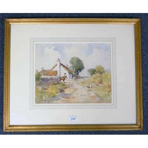 1127 - ROBERT RUSSELL MACNEE,  FARMYARD COTTAGE,  SIGNED,  GILT FRAMED WATERCOLOUR,  30 X 38 CM