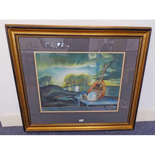 1136 - LES DRUMMOND, ''LANDSCAPE WITH MANDOLIN'',  SIGNED,  GILT FRAMED PASTEL,  51 X 68 CM