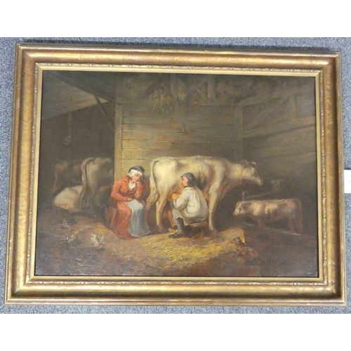 1137 - CIRCLE OF GEORGE MORLAND,   MILKING A COW IN A BARN,  UNSIGNED,  GILT FRAMED OIL PAINTING 55 X 75 CM