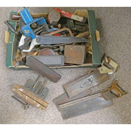 1139 - SELECTION OF TOOLS TO INCLUDE SAWS, SCRIBES, SHARPENING STONES, BLOWTORCH ETC IN ONE BOX