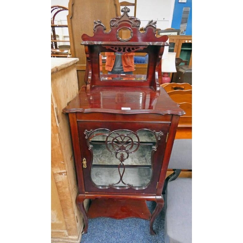 114 - MAHOGANY DISPLAY CABINET WITH DECORATIVE MIRROR BACK OVER SHAPED TOP & GLASS PANEL DOOR WITH DECORAT... 