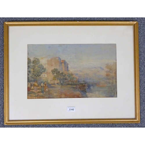 1142 - JAMES SPINDLER,  CASTLE BY THE LOCH WITH FIGURES,  SIGNED,  GILT FRAMED WATERCOLOUR 25.5 X 42.5 CM