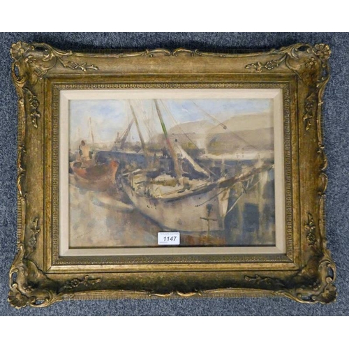 1147 - ROBERT PURVES FLINT,  LEITH HARBOUR,  SIGNED,  GILT FRAMED WATERCOLOUR,  26 X 36.5 CM