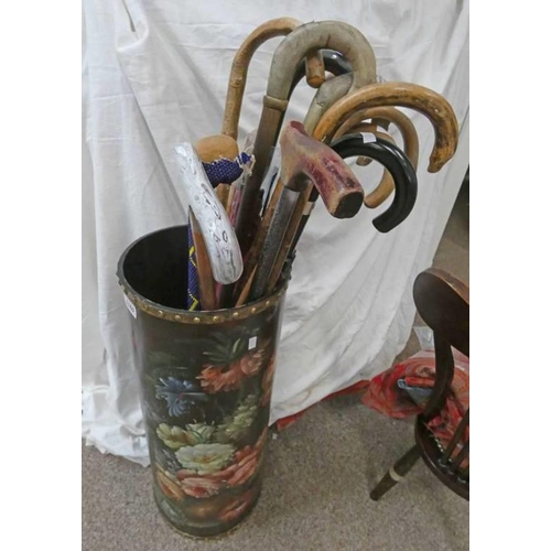 1160 - PAINTED FLORAL DECORATED STICK STAND WITH VARIOUS WALKING STICKS INCLUDING HORN HANDLED