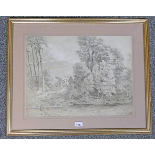 1167 - H GRECIAN WILLIAMS,  VILLAGE BY THE RIVER,  SIGNED,  GILT FRAMED PENCIL DRAWING,  39 X 52 CM