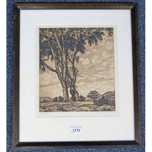 1172 - LUIGI LUCIONI,  HILLTOP ELMS,  SIGNED,  FRAMED ETCHING,  27.5 X 25 CM