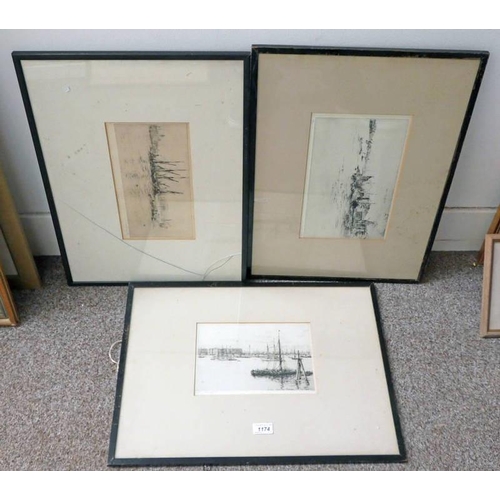 1174 - 3 FRAMED ETCHINGS OF MARINE SCENES, SIGNED