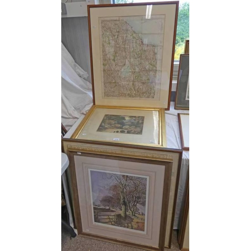 1179 - SELECTION OF FRAMED MAPS & PICTURES TO INCLUDE WATERCOLOUR OF A STREAM BY DAVID COX PLUS FRAMED PRIN... 