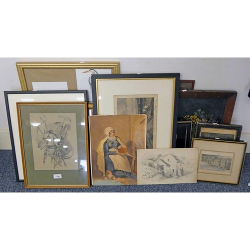 1182 - SELECTION OF FRAMED & UNFRAMED PRINTS, WATERCOLOUR, PENCIL DRAWINGS, ETC