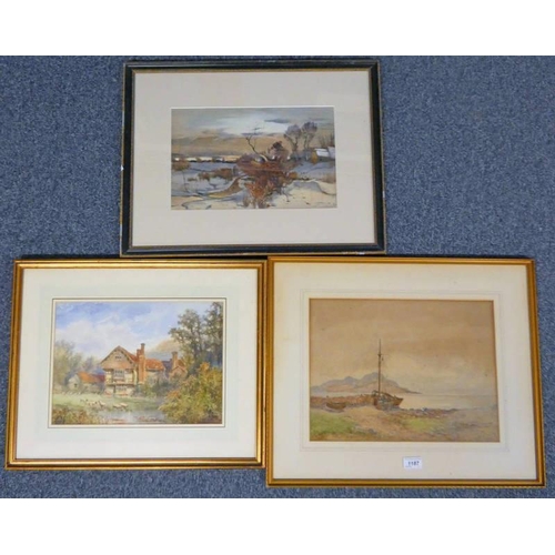 1187 - 3 FRAMED WATERCOLOURS OF RURAL SCENES TO INCLUDE WORK BY H HEIR