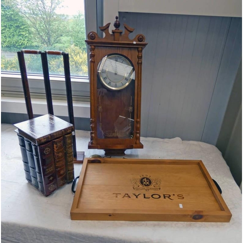 1190 - 20TH CENTURY WALL CLOCK, CD STAND IN THE STYLE OF STACKED BOOKS, WICKER AND 2 HANDLED TRAY