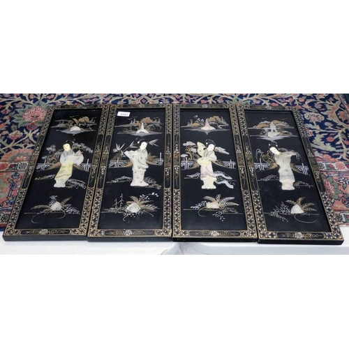 1193 - 4 EBONISED JAPANESE WALL PLAQUES WITH MOTHER OF PEARL DECORATION 52 CM TALL