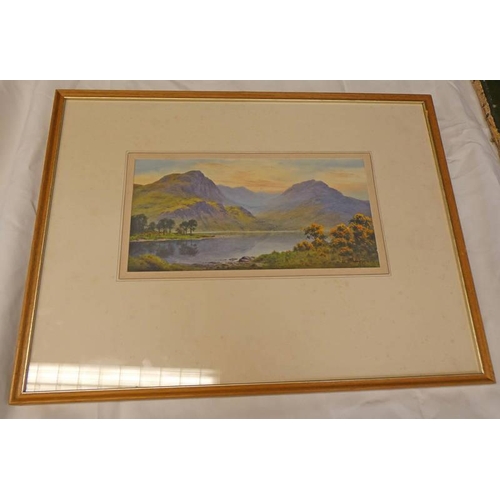 1195A - E H THOMPSON,  LOCH SCENE,  SIGNED,  FRAMED WATERCOLOUR  15 X 30 CM