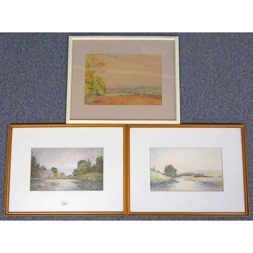 1197 - 2 GILT FRAMED WATERCOLOURS TITLED 'FARM NEAR CARNOUSTIE' & 'ON THE HINCHER' SIGNED T S BELL & 1 OTHE... 