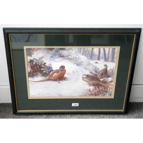 1209 - CHARLIE ROY GAME IN THE SNOWY FOREST SIGNED FRAMED WATERCOLOUR 30.5 X 47 CM