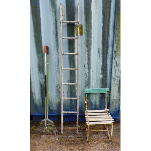 120N - GARDEN CHAIR WITH CAST METAL ENDS, ALUMINIUM LADDER ETC