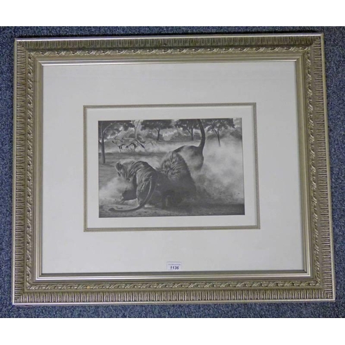 1211 - FRAMED NATURAL HISTORY SCENE WITH GAZELLES, LION, ETC 26 X 39 CM