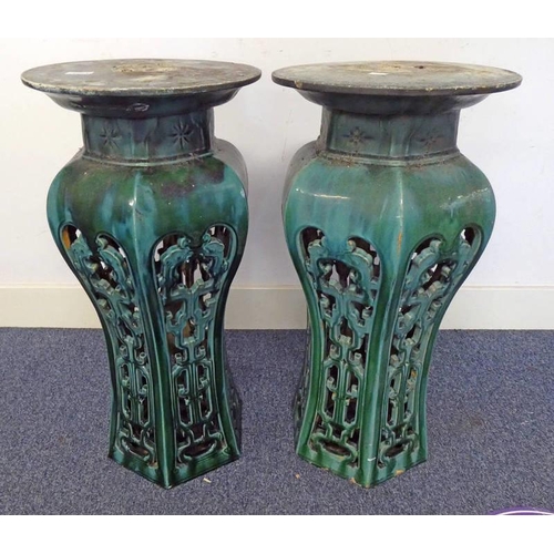 1223 - PAIR OF 19TH CENTURY GREEN GLAZED GARDEN POTTERY STANDS 76CM TALL