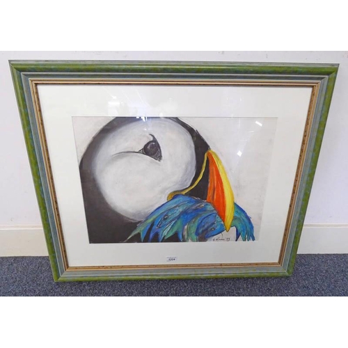 1224 - G NIVEN,  PUFFIN WITH FISH,  SIGNED,  FRAMED PASTEL , 41 X 58 CM